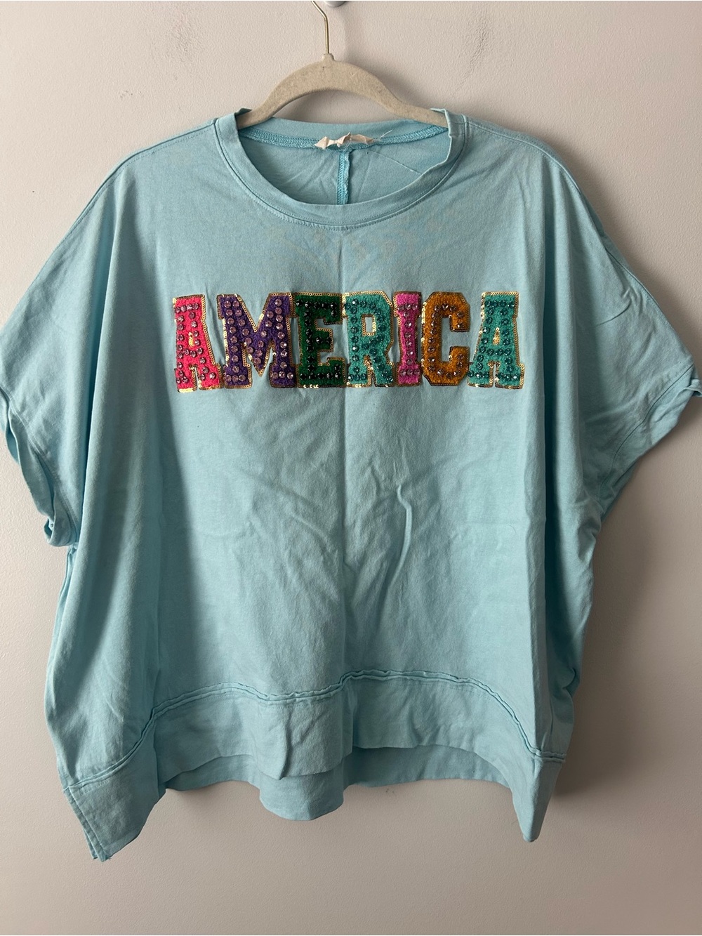 Peach Love Embellished 'America' Sequin Light Blue Women's Tee L